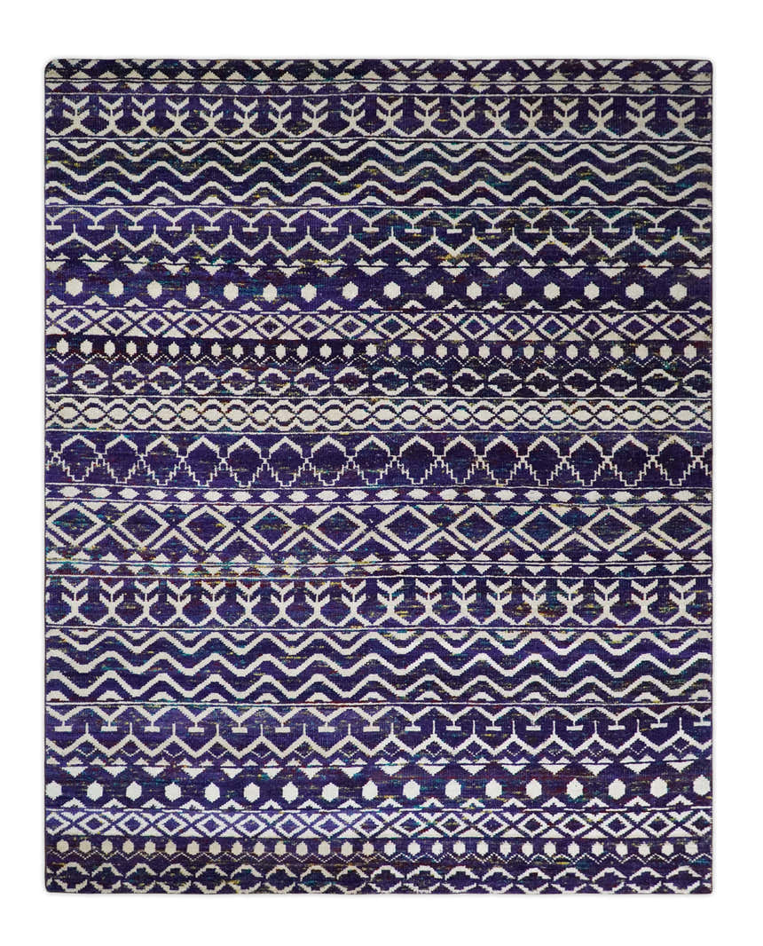 4x6 and 8x10 Hand Knotted Blue and White Modern Contemporary Southwestern Tribal Trellis Recycled Silk Area Rug | OP6