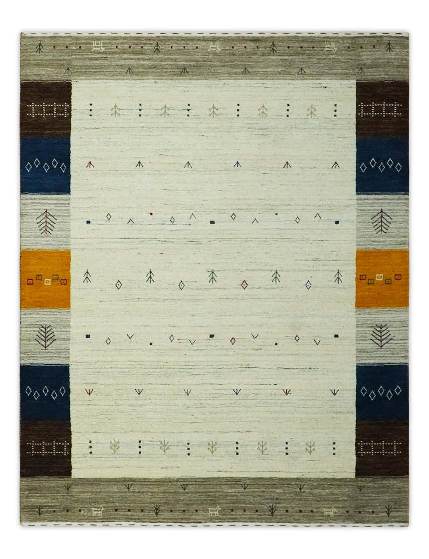 Ivory, Olive, Blue and Charcoal Handloom Tribal Gabbeh Multi Size wool Area Rug