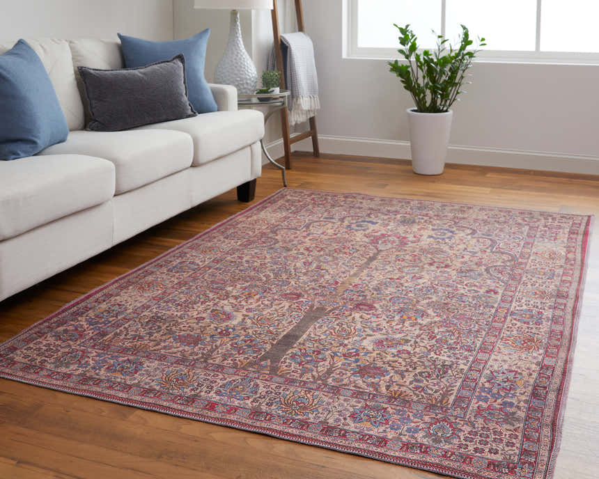 Living room with a Feizy Rawlins Red/Tan/Pink rug, white sofa, blue pillows, and wood floors. Roomscene-Rectangle