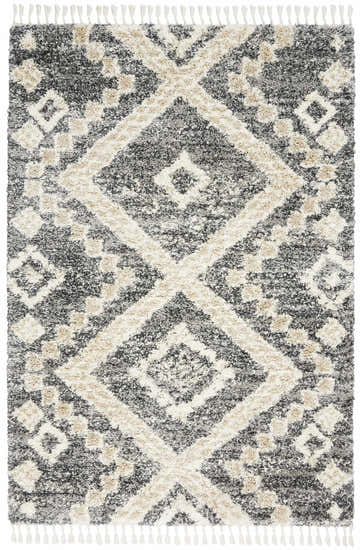 Nourison Oslo Shag rug, grey and ivory. Shag rug with diamond pattern and tassels. Close up.
