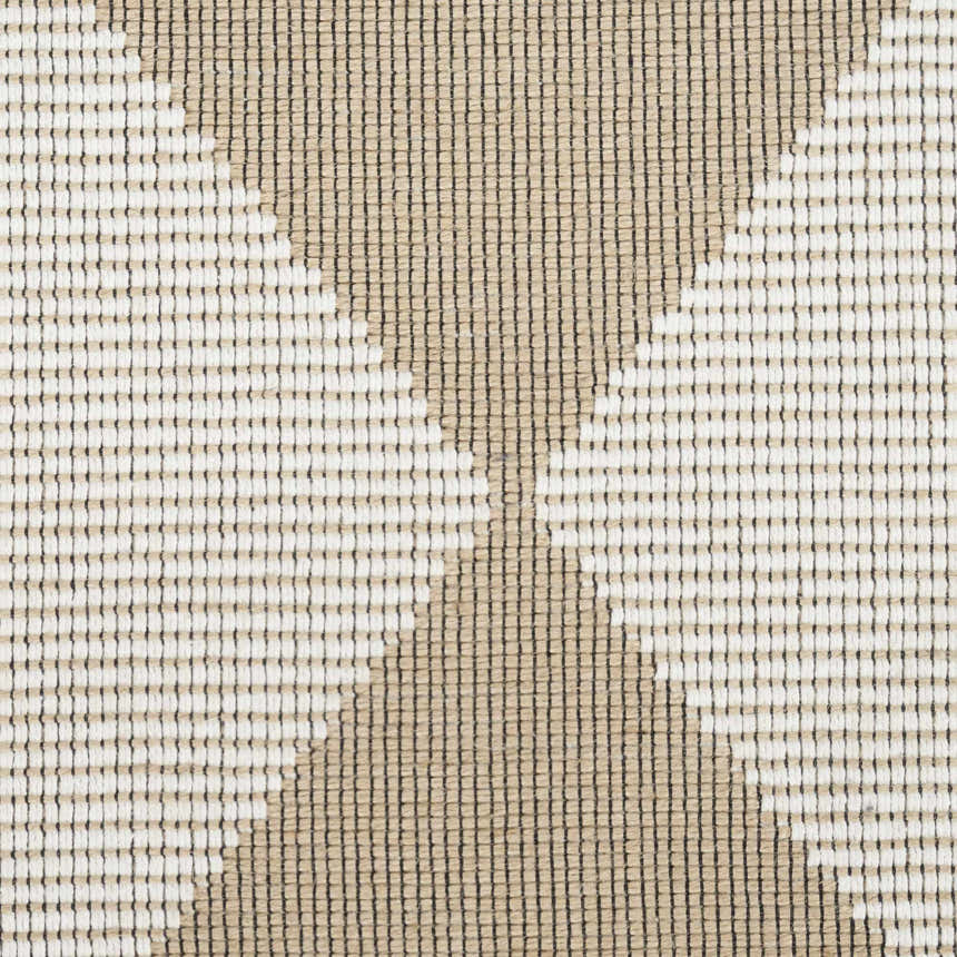 Close-up of the Nourison Modern Jute rug. Natural ivory rug with a chestnut geometric pattern and woven texture.
