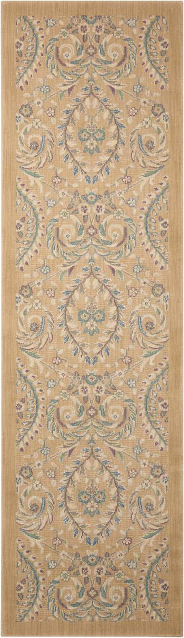 Close-up of Barclay Butera Hinsdale Lily runner rug. Floral pattern in beige, blue, green, and purple tones.