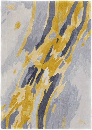 Close-up of the Nourison Prismatic Grey Gold rug. Abstract design with gold, gray, and charcoal colors. Handmade wool and luxcelle texture.