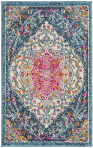Close-up of Nourison Passion Multicolor Farmhouse Area Rug with floral pattern, pink, blue, and gold tones.