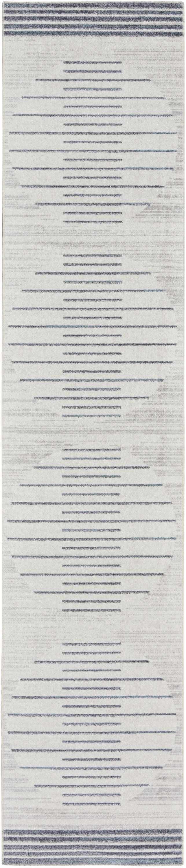 Close-up of Nourison Astra Ivory Blue Rug, featuring a mid-century modern striped design and subtle texture.