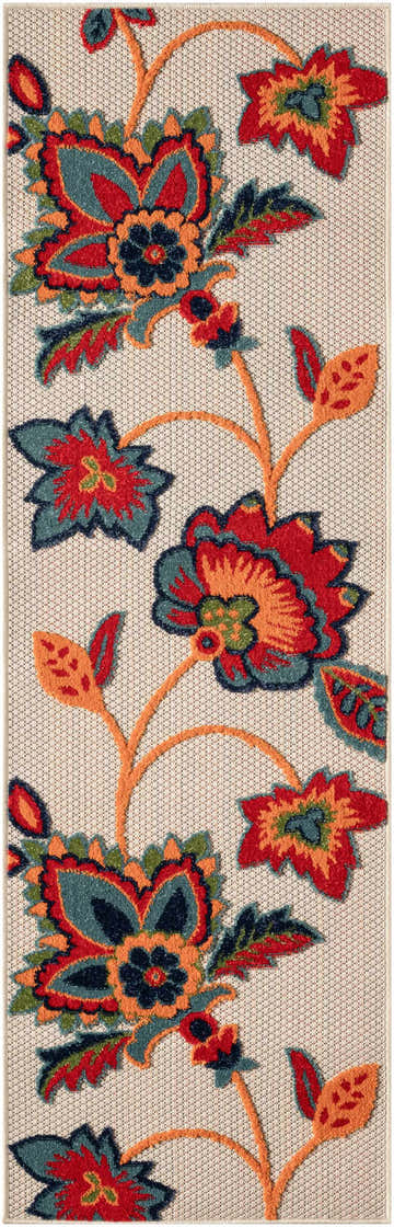 Close-up of the Nourison Aloha Multicolor Outdoor Area Rug showing a floral pattern in red, teal, and orange on a beige background.
