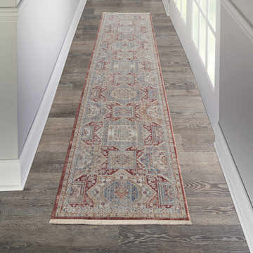 Hallway with Nourison Homestead Blue Brick vintage runner rug on wood floor.