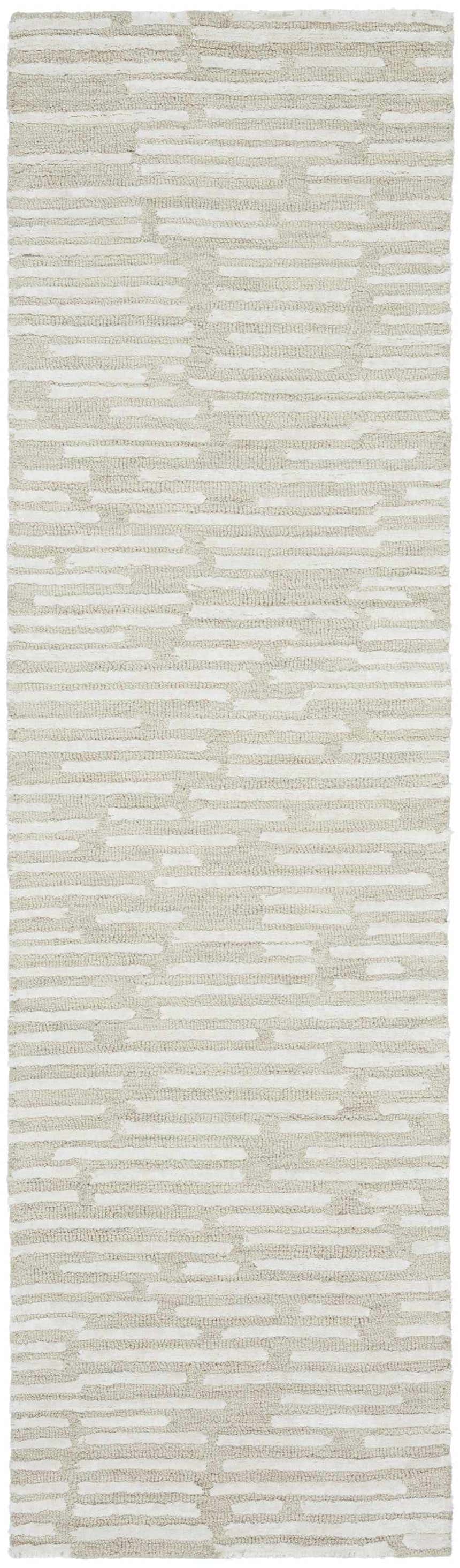 Close-up of Calvin Klein CK010 Linear Ivory rug. Modern design with horizontal chestnut stripes and a textured wool pile.