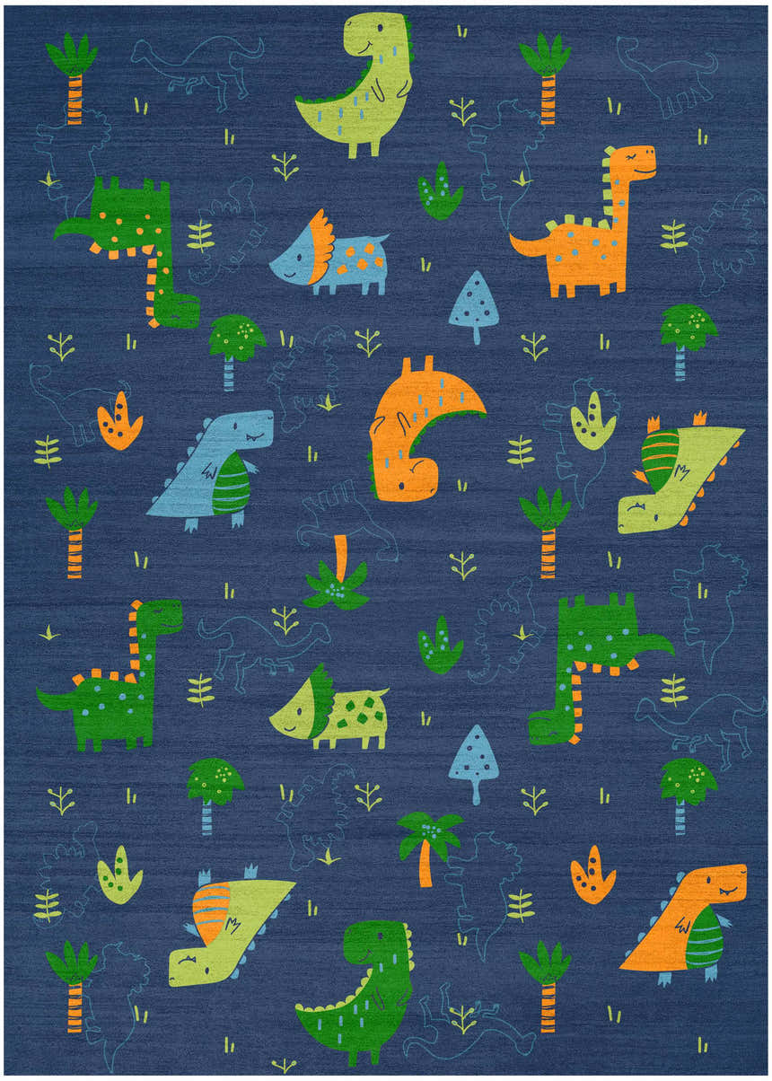 Navy Multicolor Nourison Imagination rug with a fun dinosaur and palm tree pattern for kids.