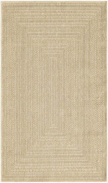 Close-up of the textured Nourison Tulum Taupe Ivory Outdoor Area Rug. Neutral colors, machine-made weave.