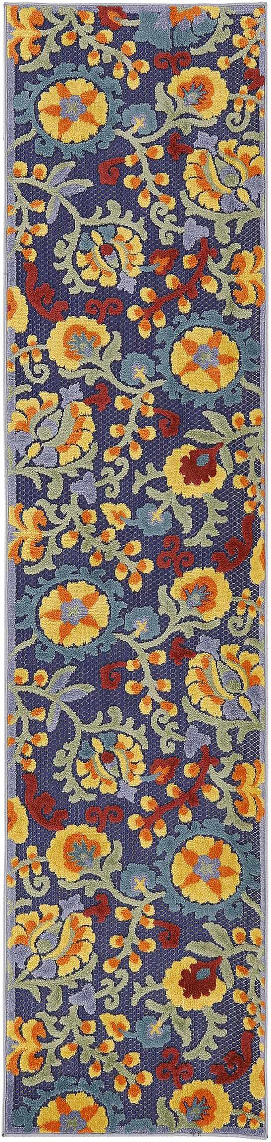 Close-up of the Nourison Aloha Navy Multicolor rug. Features a floral pattern with navy, yellow, red, and green hues.