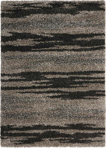 Close-up of the Nourison Amore Marble Shag rug showing its soft texture and horizontal marble pattern in gray and black tones.