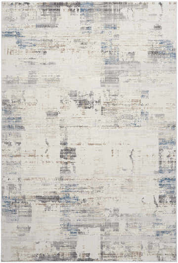 Close-up of the Calvin Klein CK022 Infinity rug. Modern design in ivory, grey, blue, and chestnut. Abstract pattern.