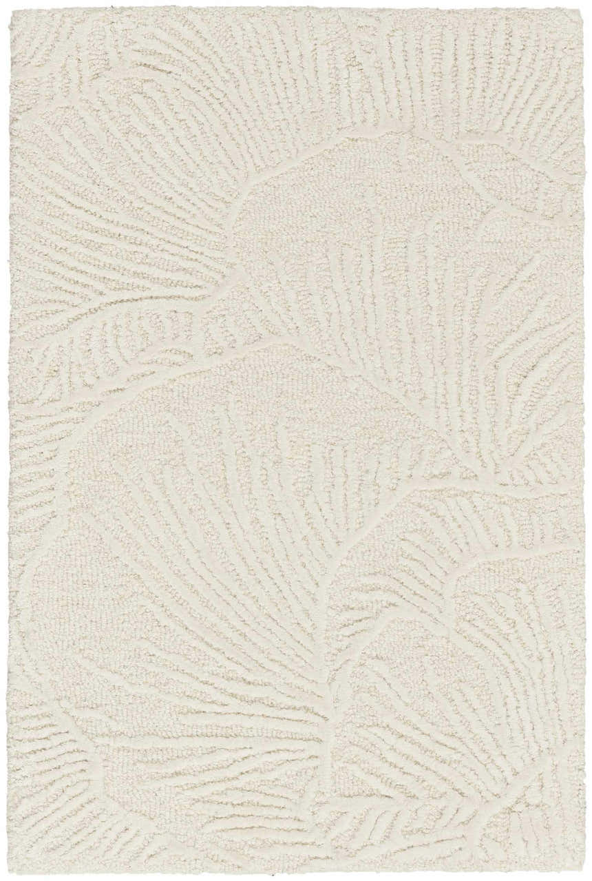 Close-up of the ivory Nourison Avra rug. Handmade wool rug with a subtle, raised palm leaf design.