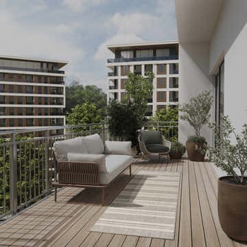 Balcony scene with a grey sofa and Nourison Horizon Indoor/Outdoor Grey Modern Area Rug.