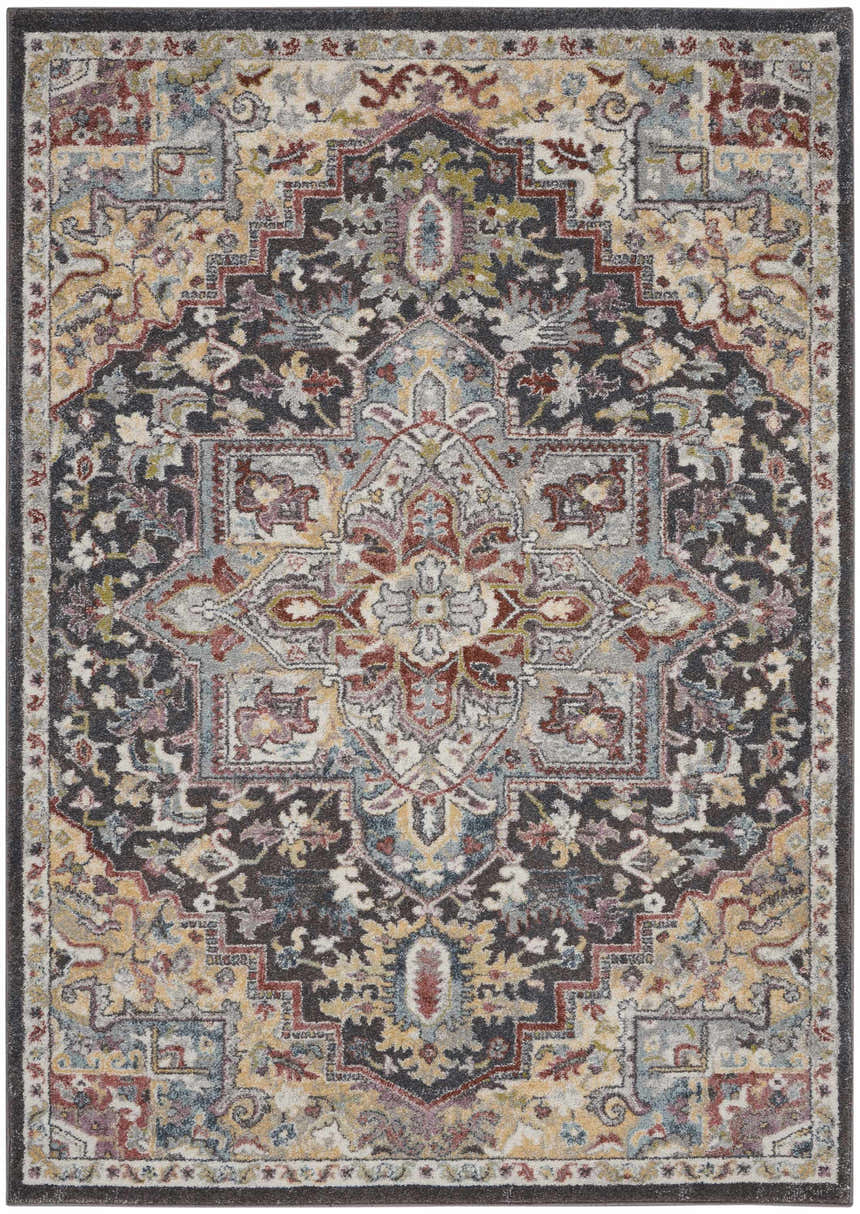 Close-up of the Nourison Soraya Charcoal Multi rug, showcasing its colorful, intricate, medallion pattern and soft texture.