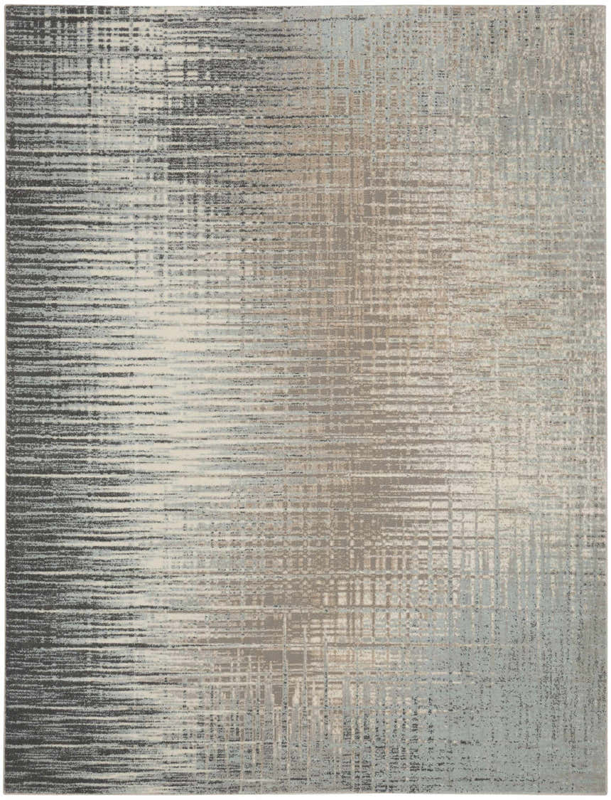 Nourison Marmara Teal/Grey rug featuring a modern abstract design with horizontal and vertical lines.