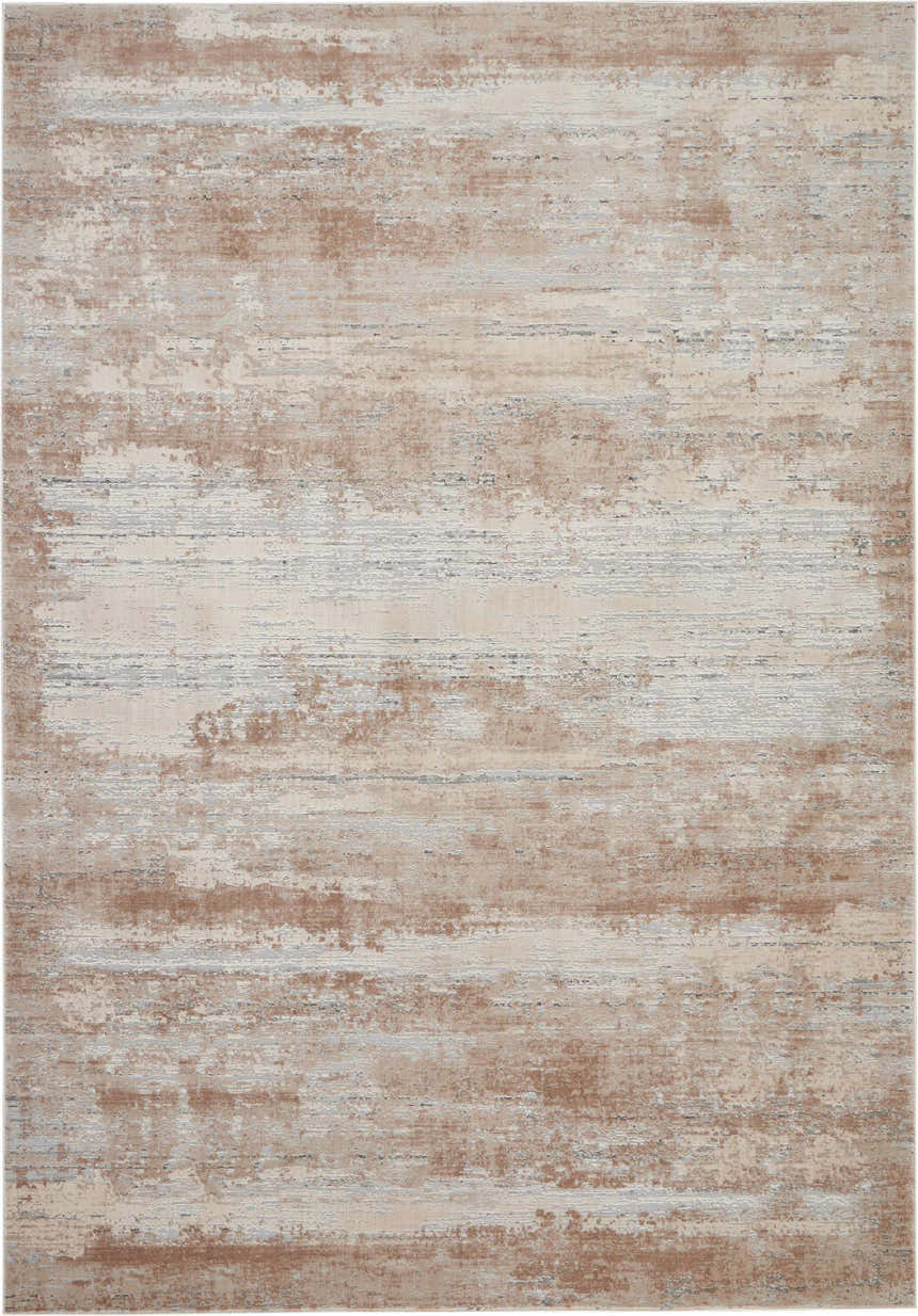 Close-up of Nourison Rustic Textures Beige area rug. Modern design with beige, brown, and gray distressed horizontal pattern.
