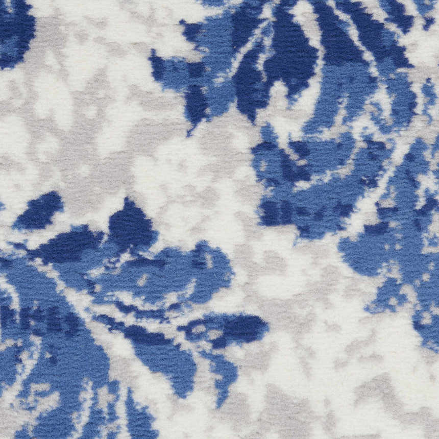 Close up of Nourison Whimsicle Ivory Navy rug showing floral pattern and texture. Farmhouse style.