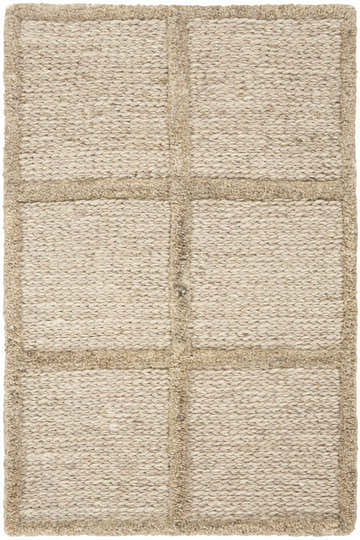Close-up of the textured DKNY Pure Framework Camel rug. Handmade wool rug with a grid pattern in neutral camel tones.