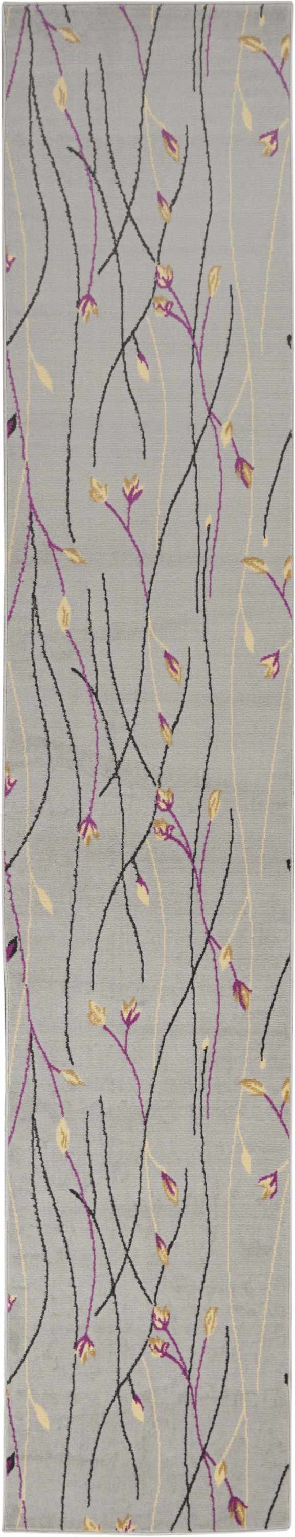 Close-up of the Nourison Grafix Grey rug with a contemporary floral design in black, purple, and gold on a light gray background.