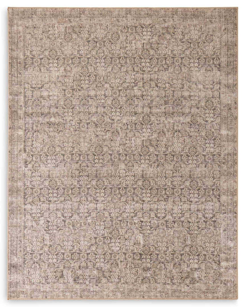 Close-up of the Four Hands Priya Area Rug, a machine-woven rug in camel, light beige, and tan farmhouse style. Design-Rectangle
