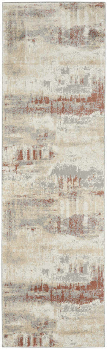 Close-up of Calvin Klein CK005 Enchanting rug. Gray, rust, and beige high pile rug with a modern abstract pattern.