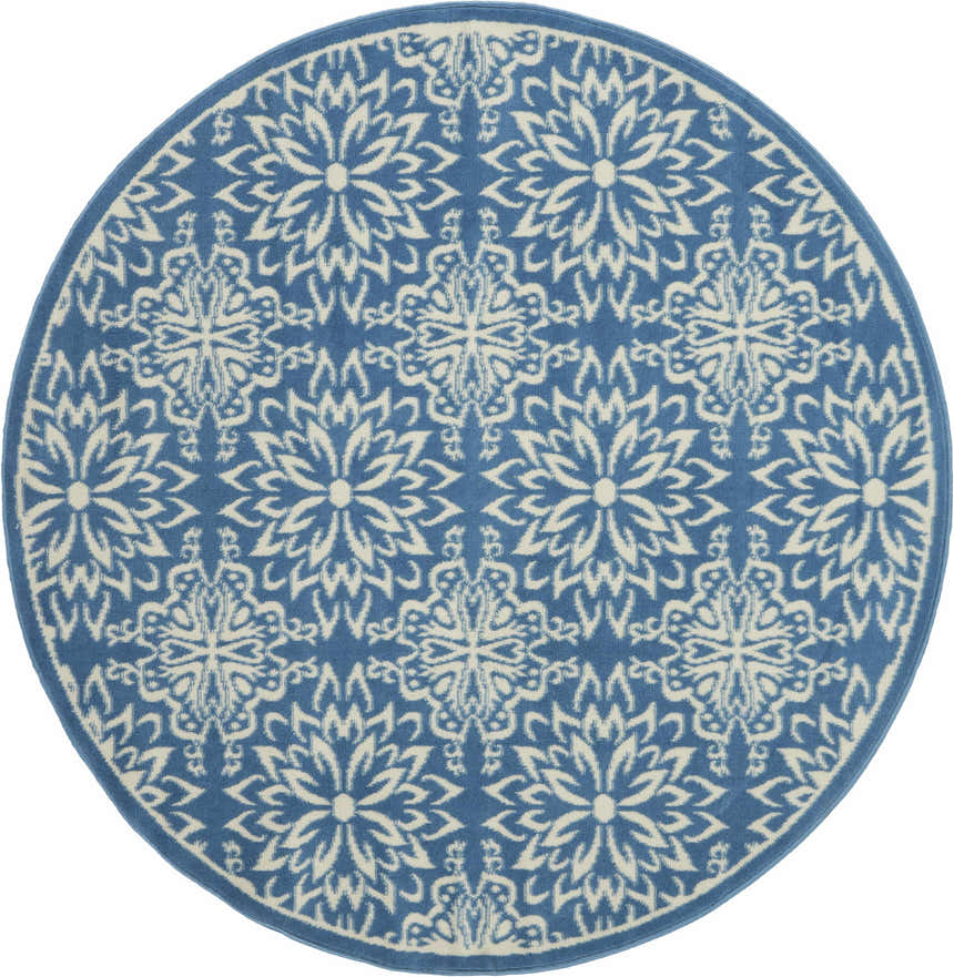 Round Nourison Jubilant Ivory Blue rug. Farmhouse style rug with floral and geometric pattern.