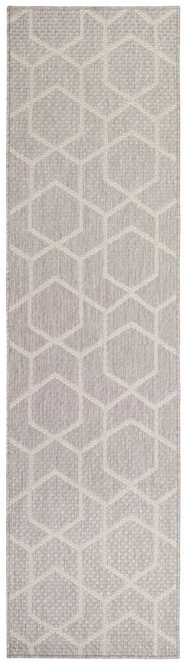 Close-up of the grey Nourison Horizon Indoor/Outdoor rug with a geometric pattern and woven texture.