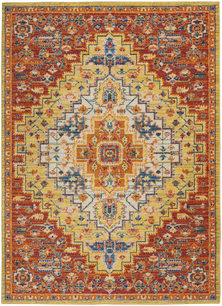 Detailed Nourison Allur Red Multicolor rug featuring a bohemian geometric pattern in red, yellow, and blue.