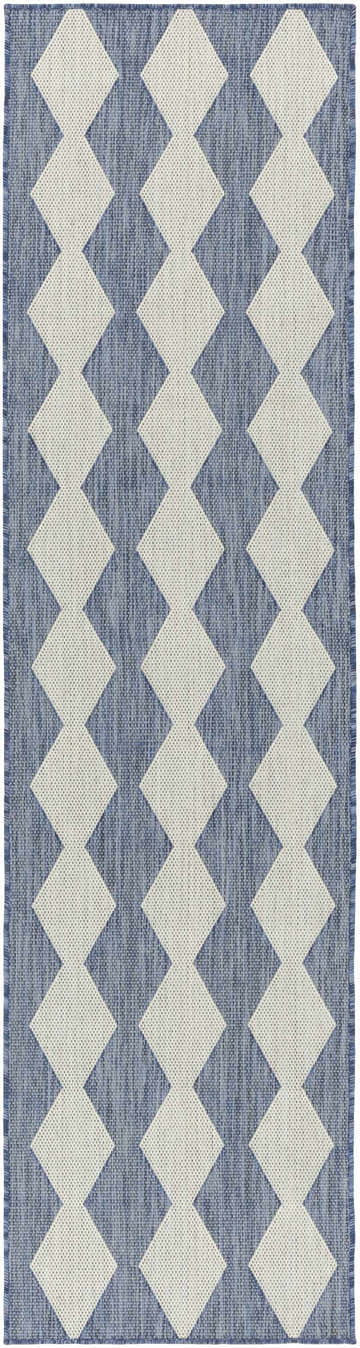 Close-up of the Nourison Positano Navy Blue Area Rug featuring a geometric diamond pattern.