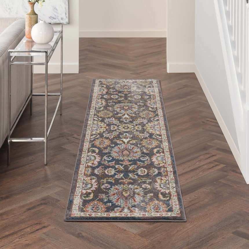 Hallway with Nourison Soraya Charcoal Multi runner rug, wood floors, console table, and neutral decor.