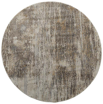 Close-up of round Feizy Parker rug, tan, ivory, and brown distressed vertical stripe pattern. Design-Round