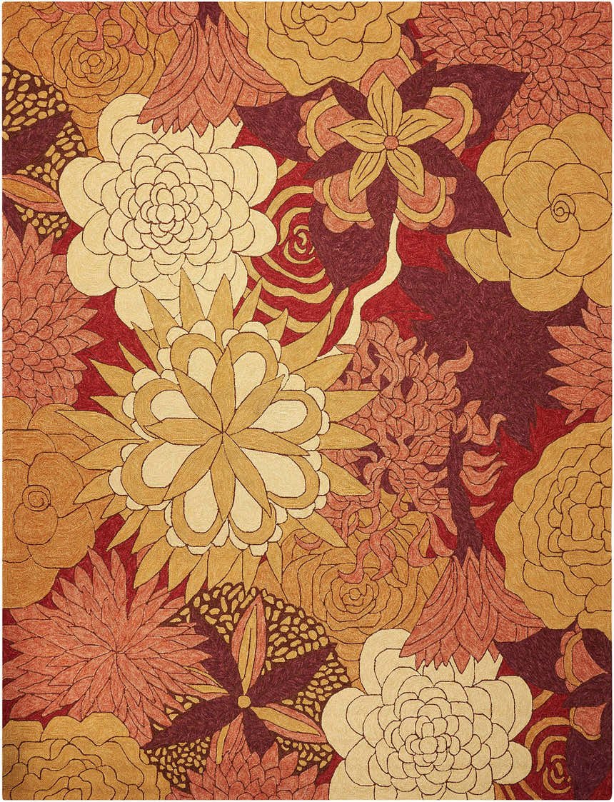 Detailed floral pattern of the Nourison South Beach Spice Area Rug in spice, gold, cream, and burgundy.