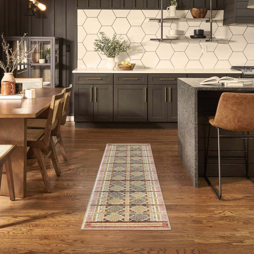 Modern kitchen with Nourison Nordic Rust Multicolor runner rug on wood floor.
