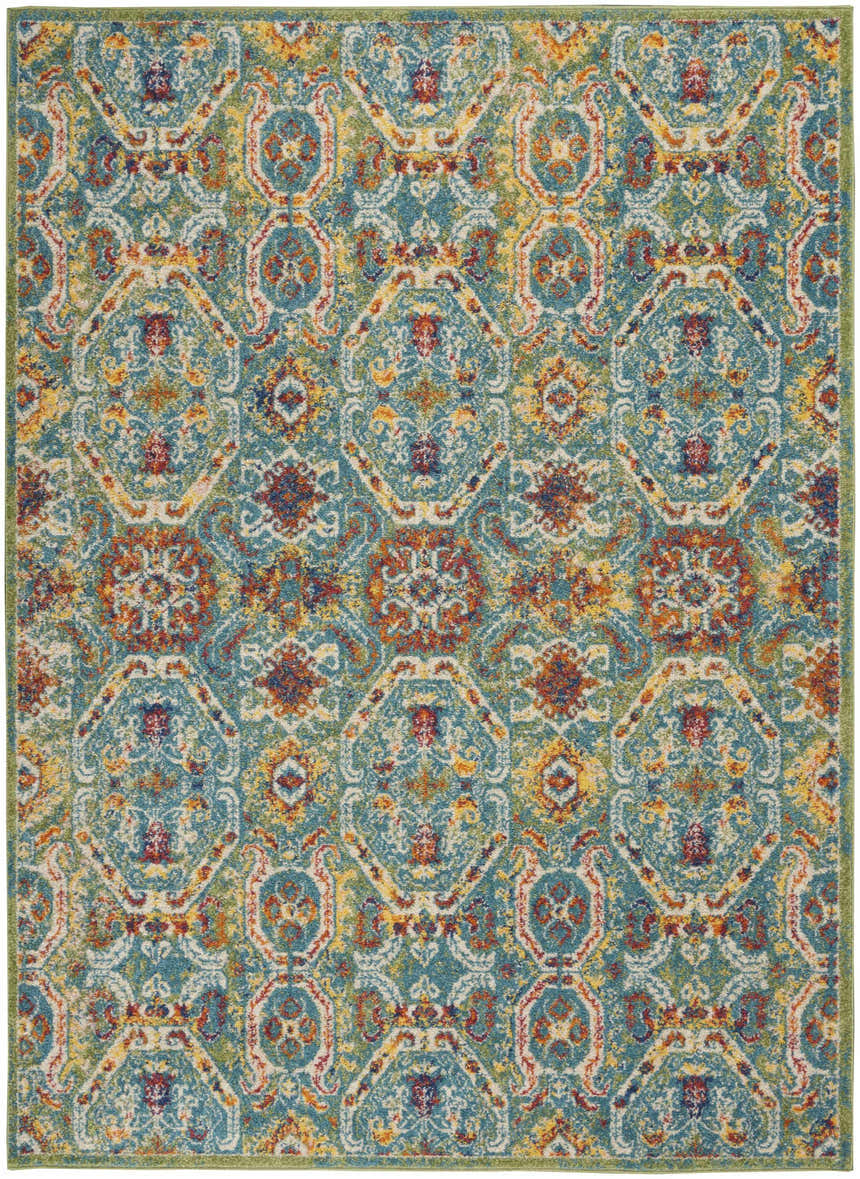 Detailed view of the Nourison Allur Turquoise Multicolor Bohemian Area Rug, featuring a vintage-inspired geometric pattern.