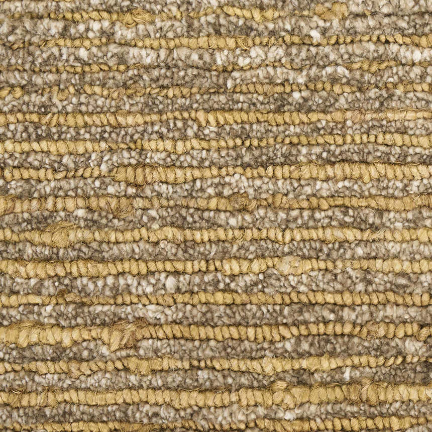 Close-up of the Calvin Klein Mesa Fossil rug showing the texture and pattern of horizontal fossil-colored stripes.