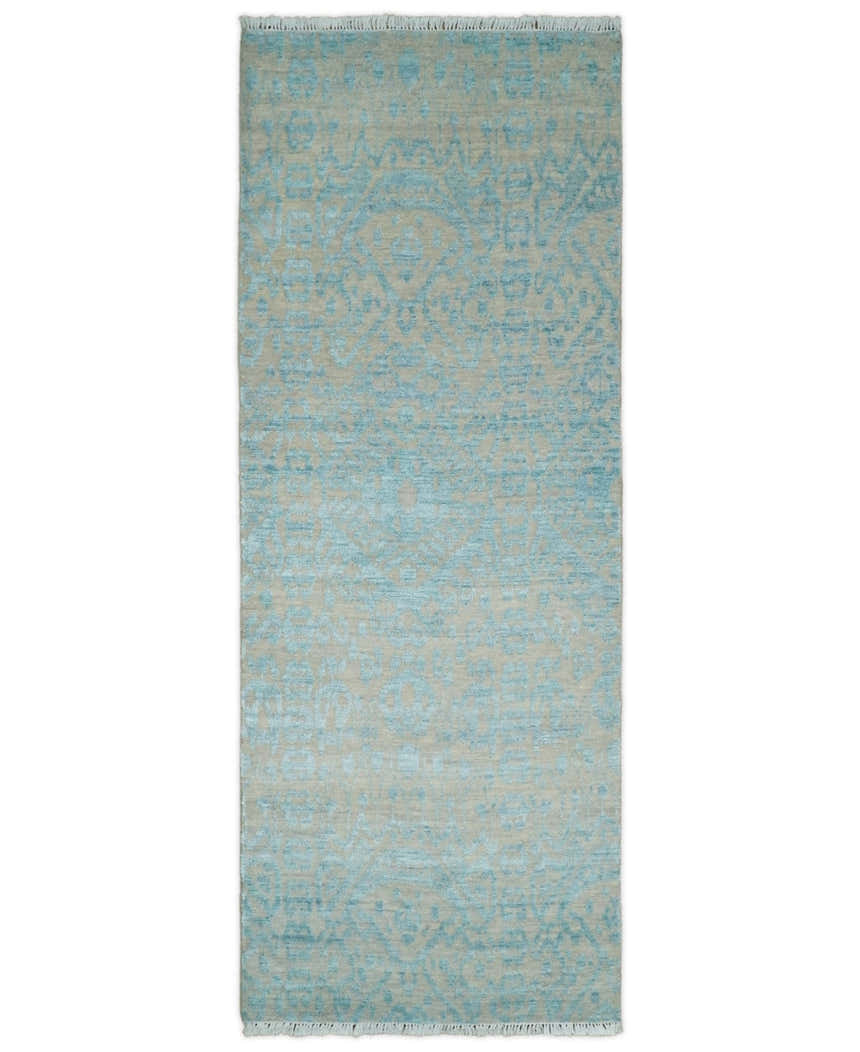 2.6x8 Fine Hand Knotted Camel and Blue Traditional Vintage Persian Style Antique Wool and Silk Rug | AGR26