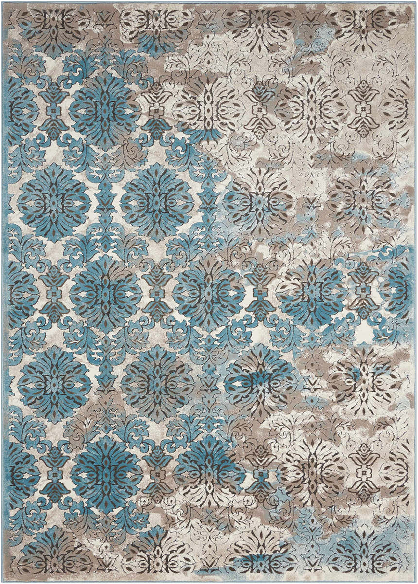 Close-up of Nourison Karma Ivory/Blue Vintage rug featuring a floral damask pattern in chestnut, ivory, and blue.