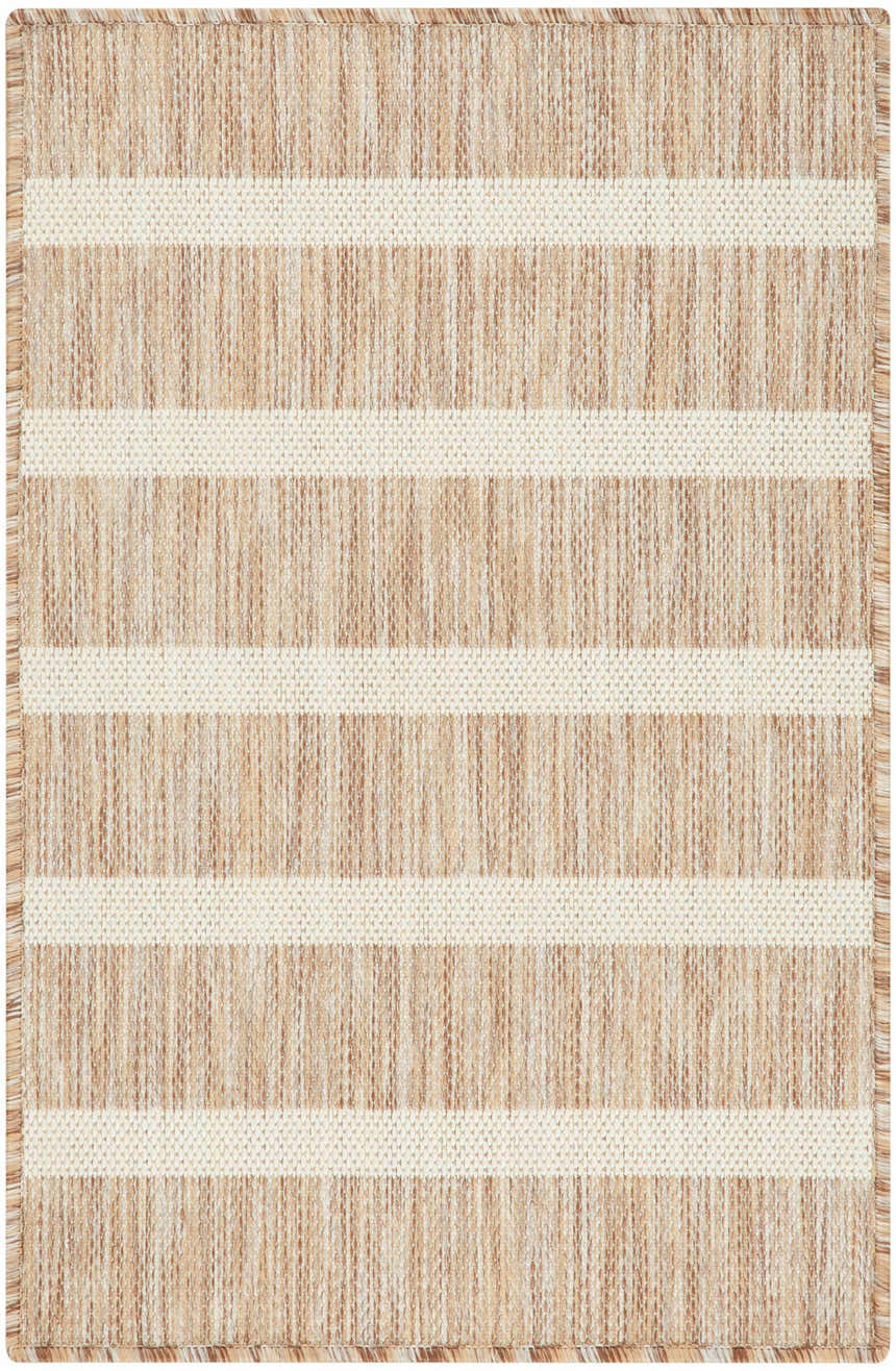 Close-up of the Nourison Positano Beige Ivory rug, showing chestnut brown stripes on ivory, and textured weave.