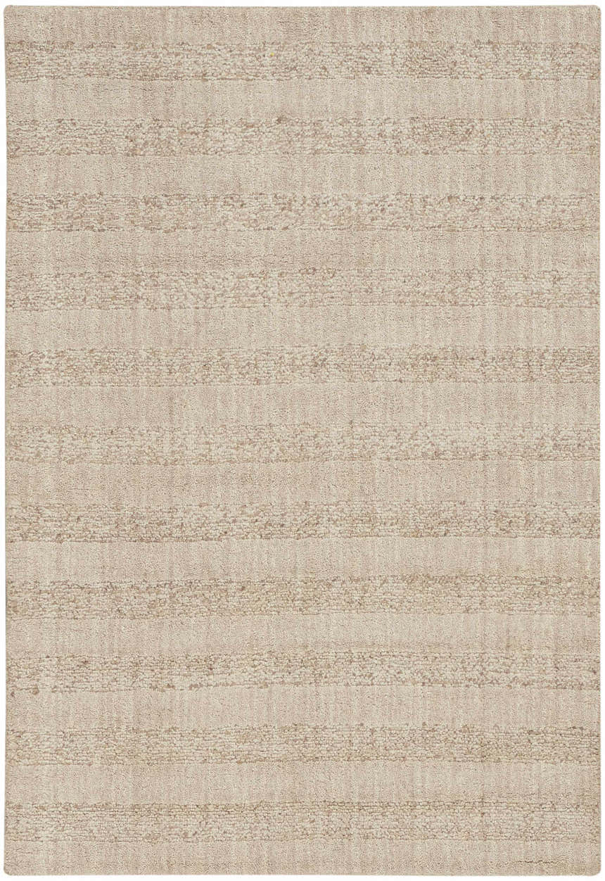 Close-up of the Calvin Klein CK043 Spun Beige rug. Farmhouse style with subtle horizontal stripes and a textured, handmade weave.