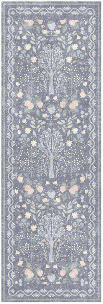 Close-up of Nourison Botanical s Blue Multicolor rug. Features a tree and floral pattern with a blue background.