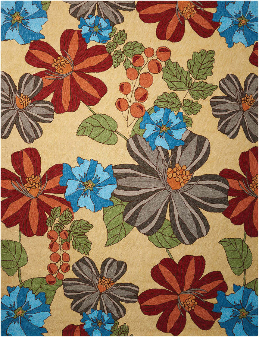 Close-up of the Nourison South Beach Sand Area Rug. Features a floral pattern with red, blue, and gray flowers on a sandstone background.