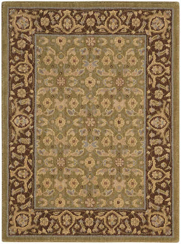 Close-up of the Nourison Persian Empire Green Persian Rug, featuring a floral pattern and brown border.
