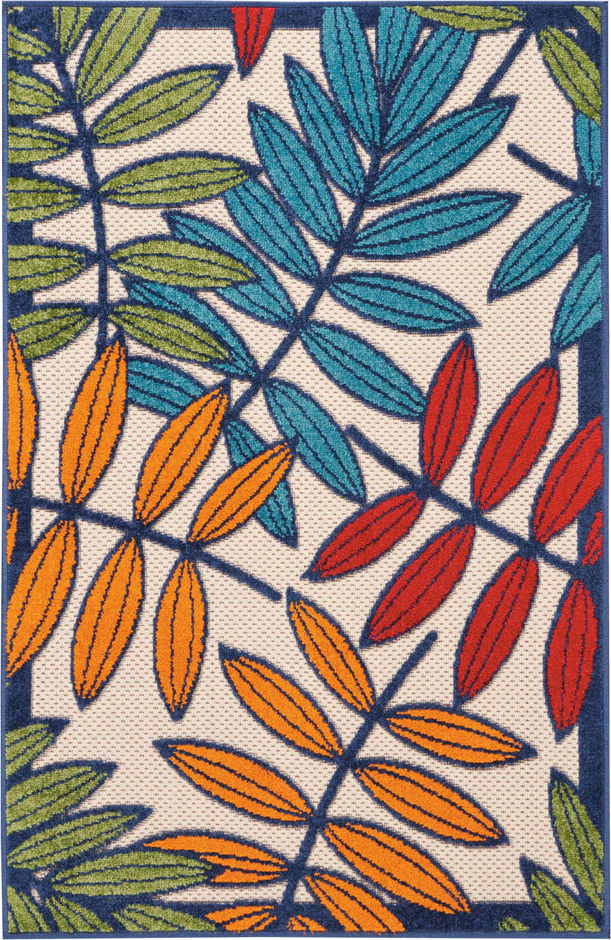 Close-up of Nourison Aloha Multicolor Tropical Area Rug featuring a leaf pattern in orange, red, green, and blue on a beige background.