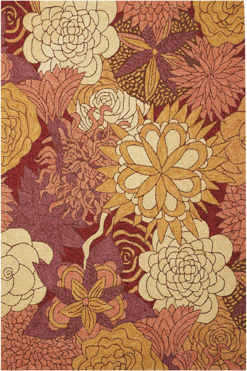 Close-up of the handmade Nourison South Beach Spice Area Rug. Floral design in spice tones: cream, gold, coral, and burgundy.