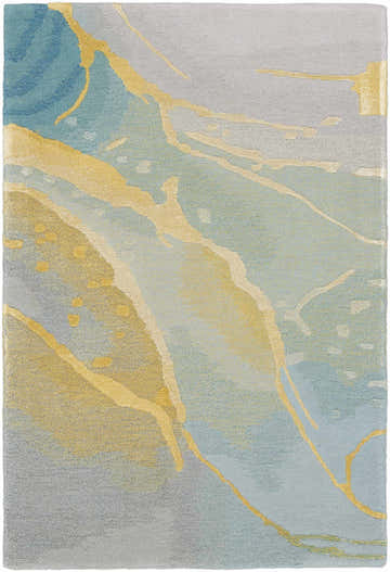 Close-up of the Nourison Prismatic Grey Seafoam rug. Abstract design in gray, seafoam blue, and gold. Handmade wool rug.