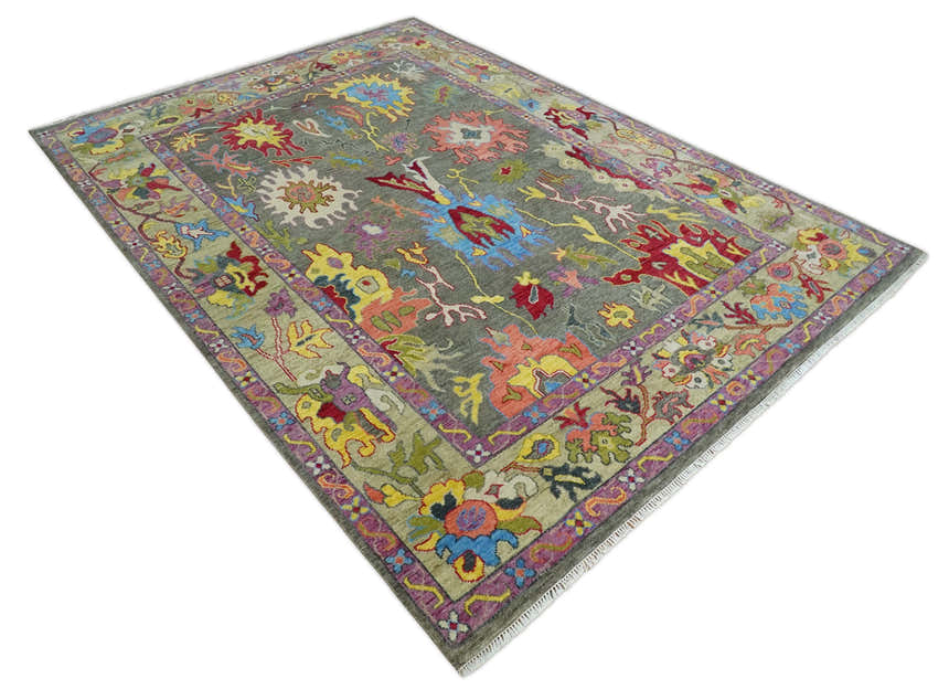 Gray and Olive Wool Colorful Hand knotted Traditional Oushak Multi Size wool Area Rug