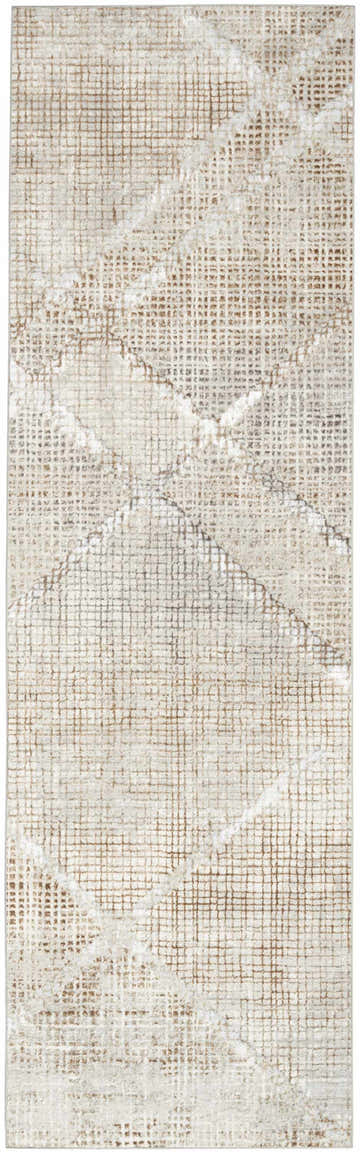 Close-up of Nourison Sparkle Grey Mocha rug. Features a grid pattern with abstract mocha and white accents. Mid-century modern style.