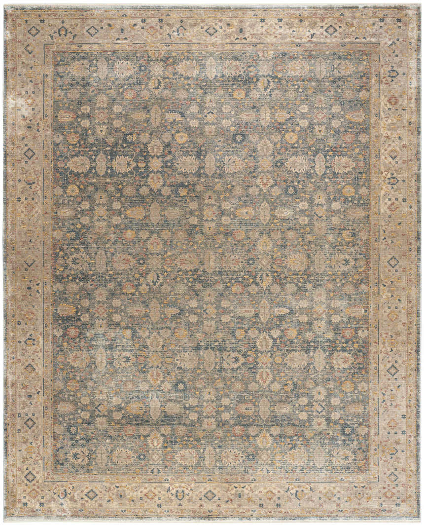 Close-up of Nourison Luxurious Ivory Blue Vintage Area Rug showing chestnut, blue, and ivory floral pattern and vintage style.